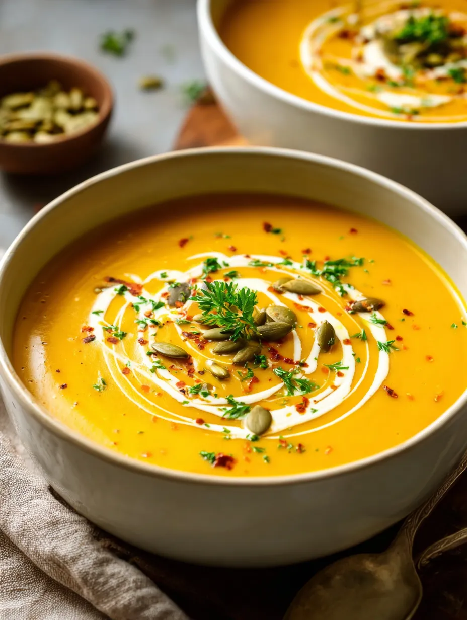 Une tasse blanche remplie d'une soupe crémeuse et intense, décorée de morceaux de courge, d’oignons et d’épices.