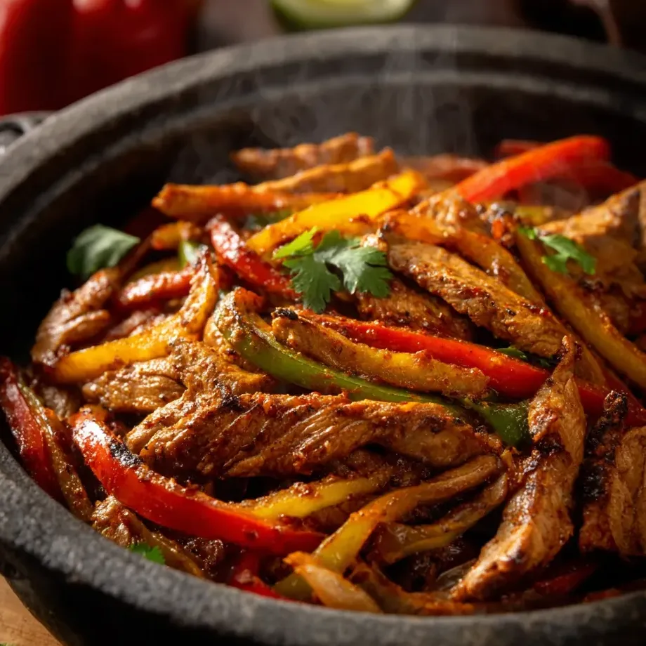 Une cocotte noire remplie de viande, poivrons, oignons, et tomates bien mélangés.