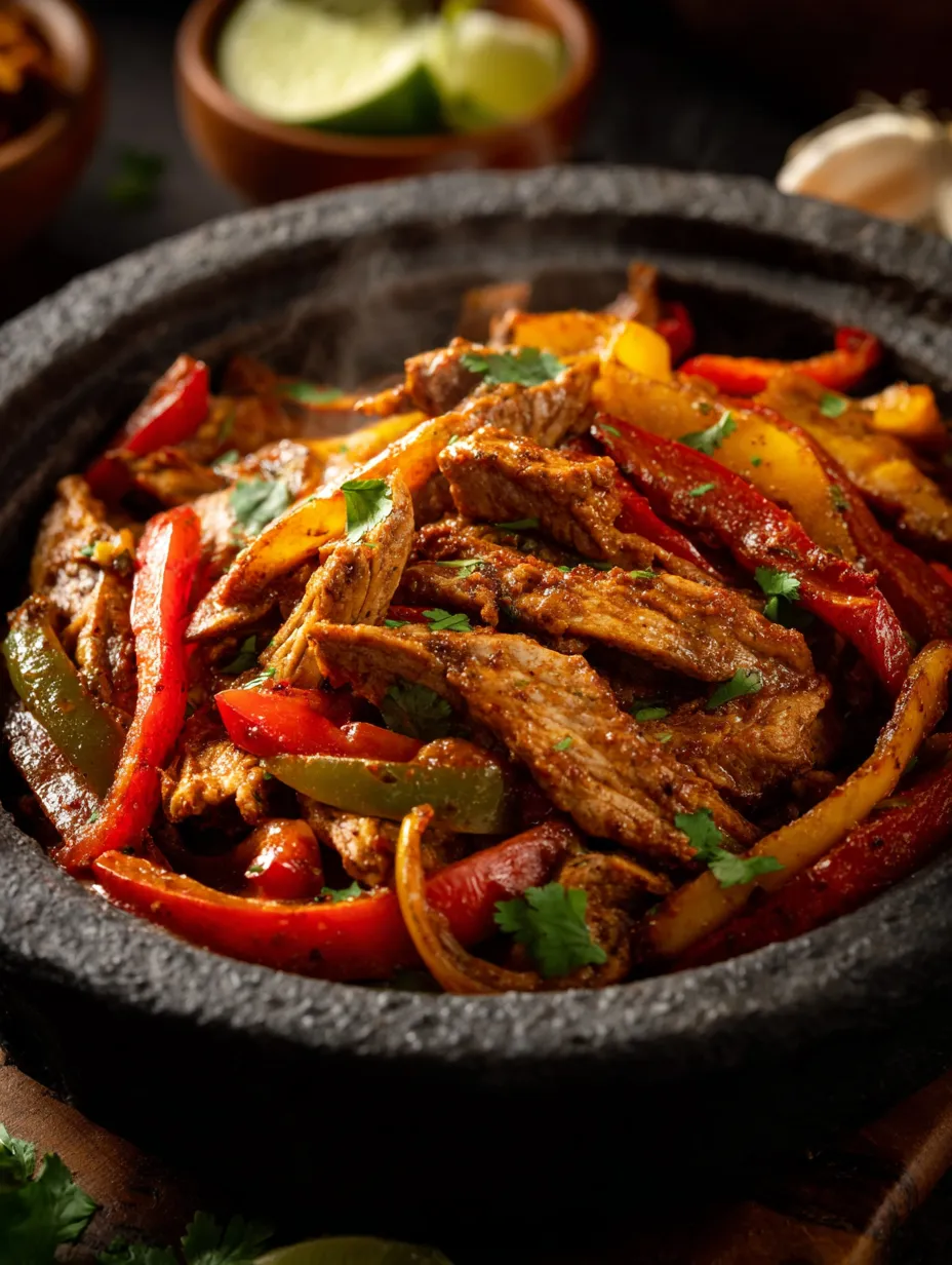 Soupière noire remplie au max de viande, poivrons, oignons et tomates en mélange.