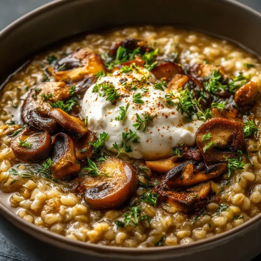 Un bol bien rempli de muesli, champignons, persil et œufs.