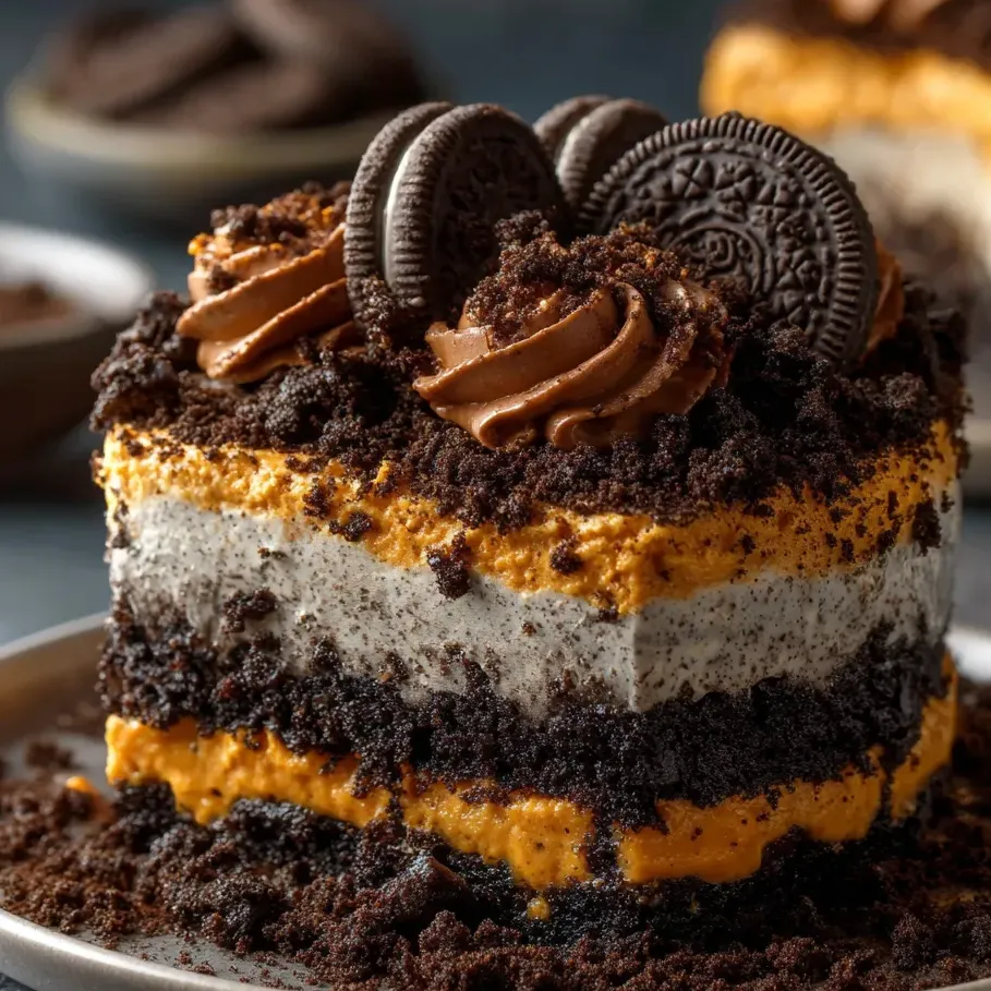 Un dessert Oreo fondant nappé de sauce chocolat et copeaux, posé sur une assiette.