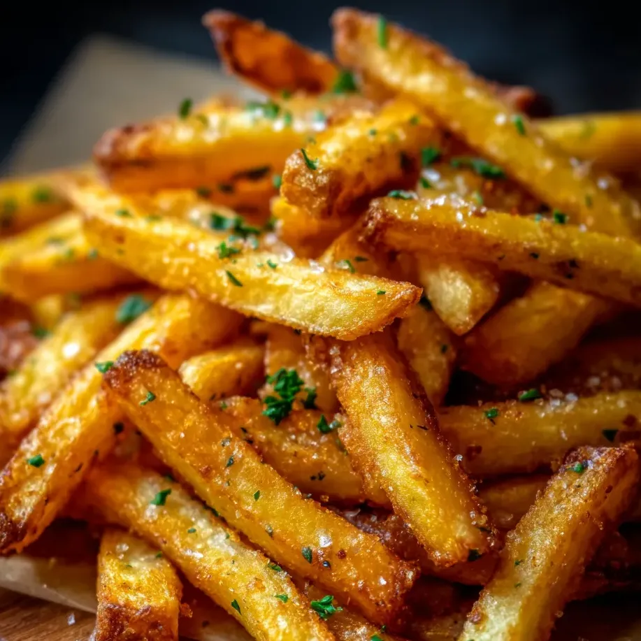 Un saladier de frites maison toutes chaudes avec un peu de persil sur le dessus.