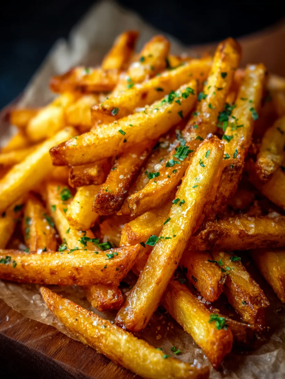 Un gros bol bien rempli de frites, tout juste sorties de la friteuse et arrosées de persil frais.