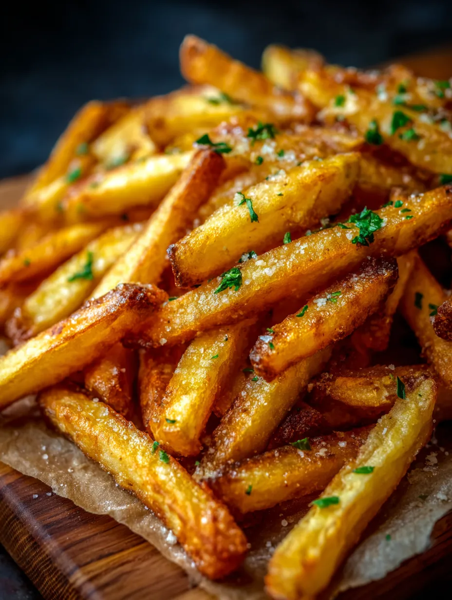Une grande assiette remplie de frites maison bien dorées, parsemées de parmesan et d’oignons frais.