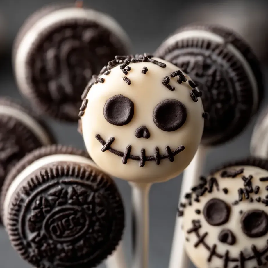 Un Oreo recouvert de chocolat blanc décoré en petite tête de mort.