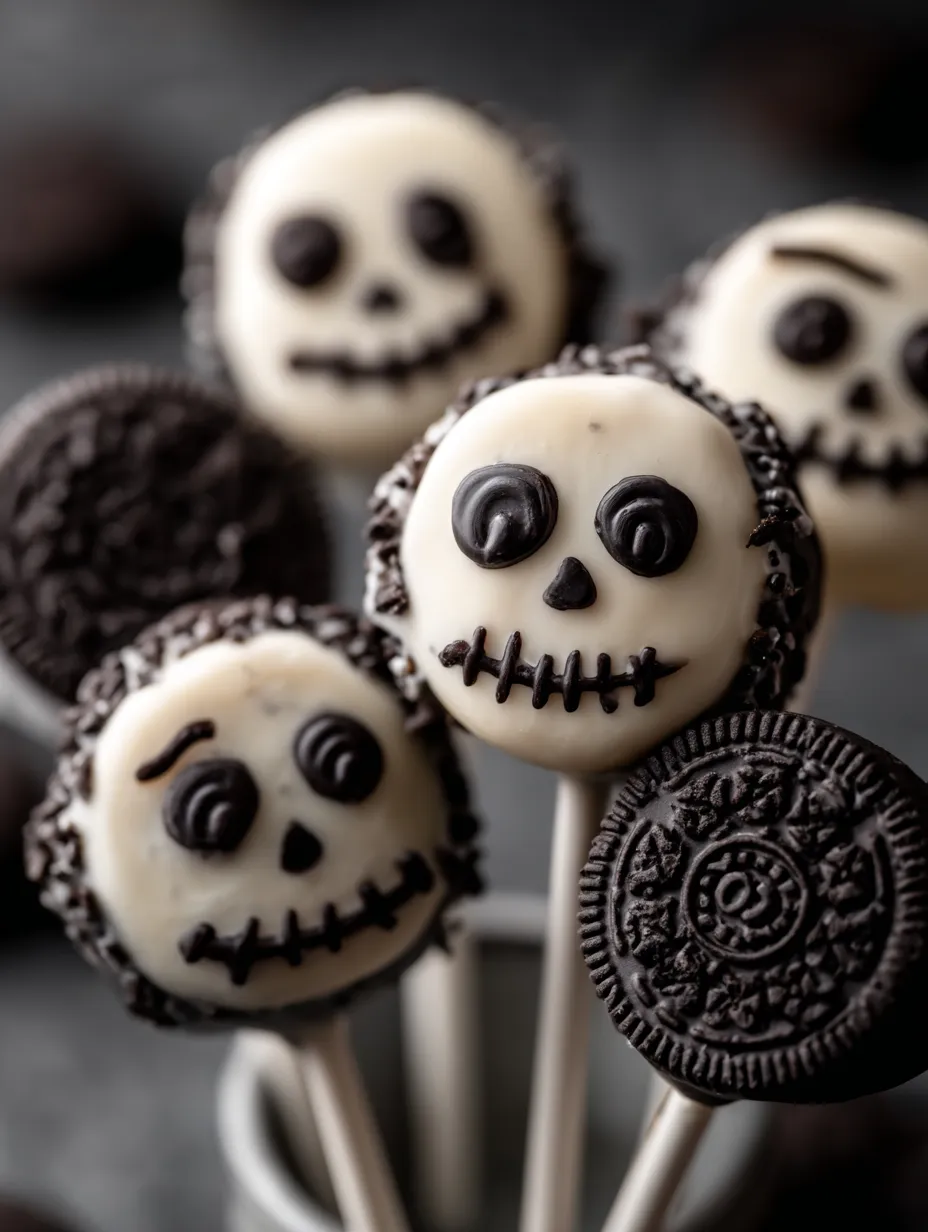 Des biscuits Oreo trempés dans le chocolat sur bâtonnets, rangés dans un pot.