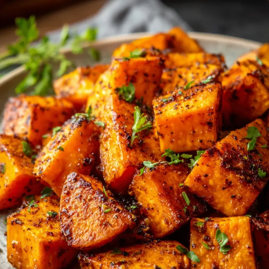 Un bol de patate douce rôtie avec des épices colorées.
