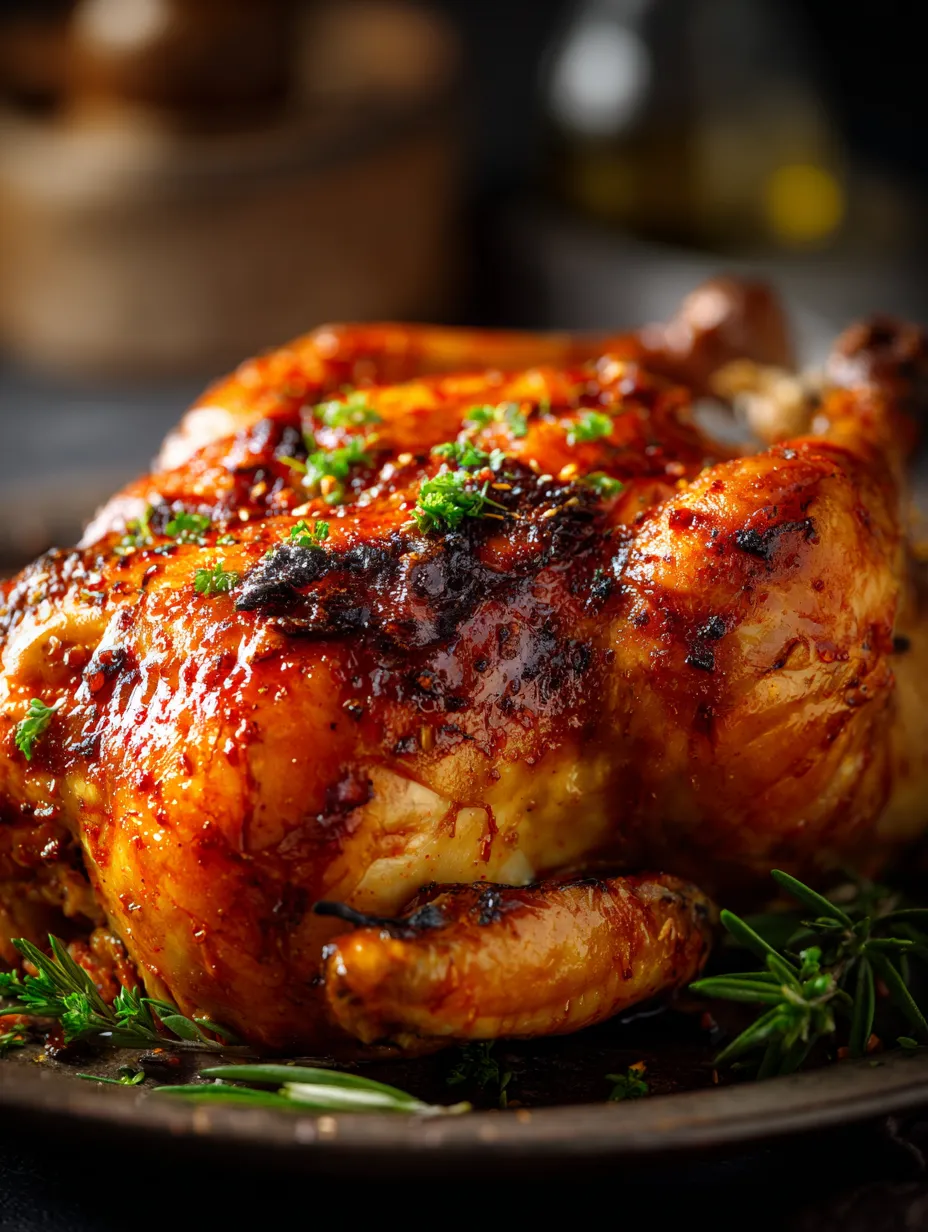 Un poulet entier rôti avec oignons et ail noirs installé sur une assiette.