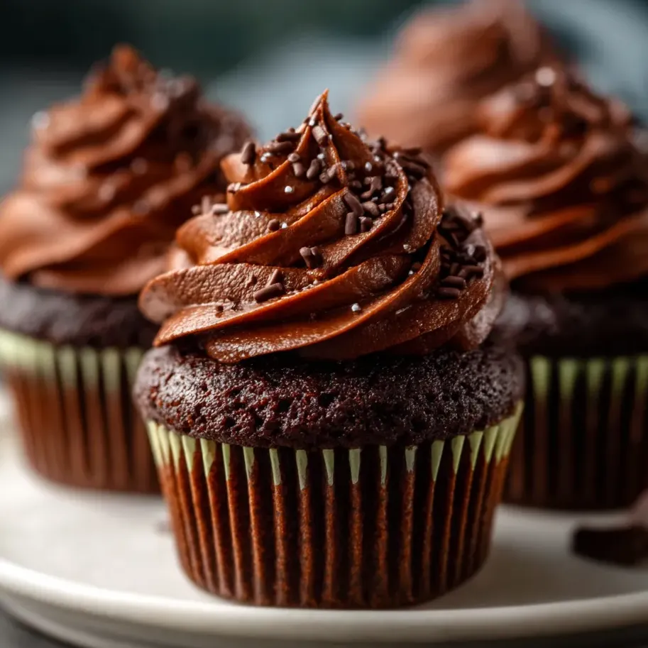 Deux cupcakes tout choco sur assiette blanche, nappés de ganache.