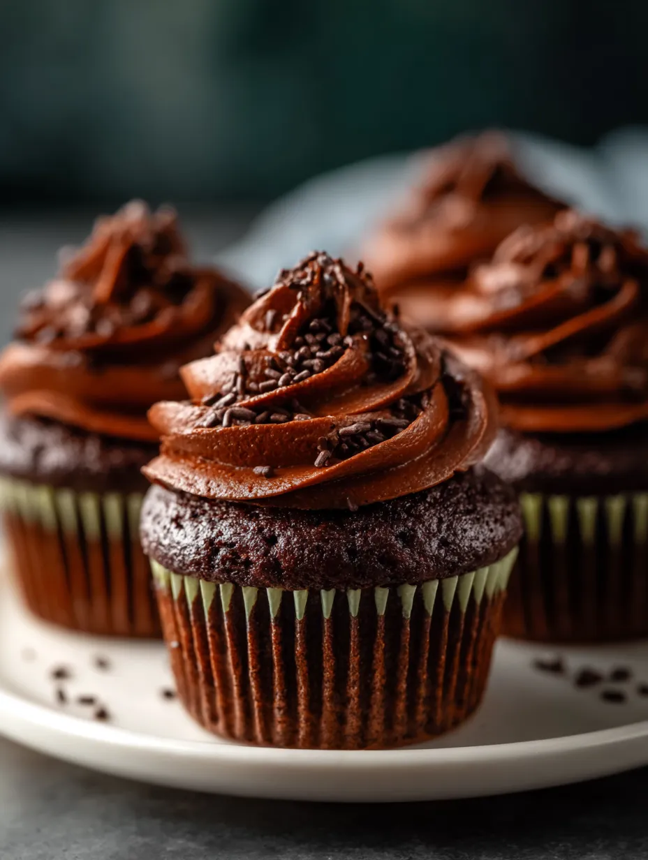 Deux cupcakes ultra chocolatables nappés de glaçage sur une assiette claire.
