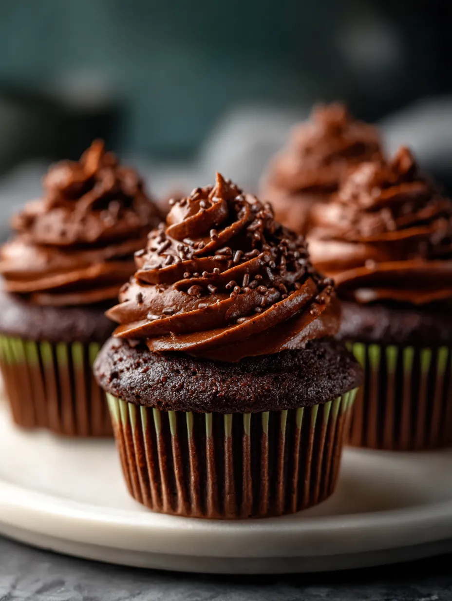 Une assiette blanche où reposent trois cupcakes chocolat avec de la mousse au chocolat et glaçage dessus.