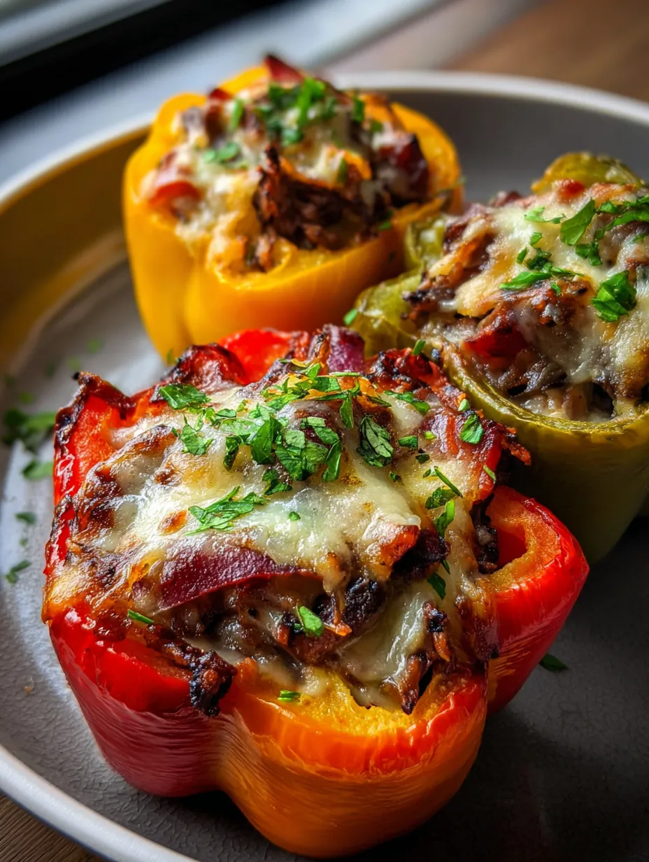 Trois moitiés de poivrons rouges, nappées de fromage et de bacon.