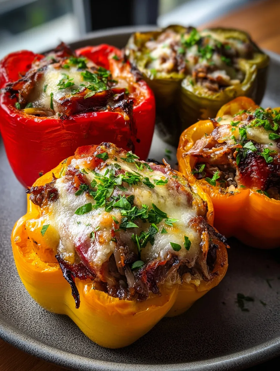 Un groupe de poivrons rouges, farcis de bœuf et recouverts de fromage.