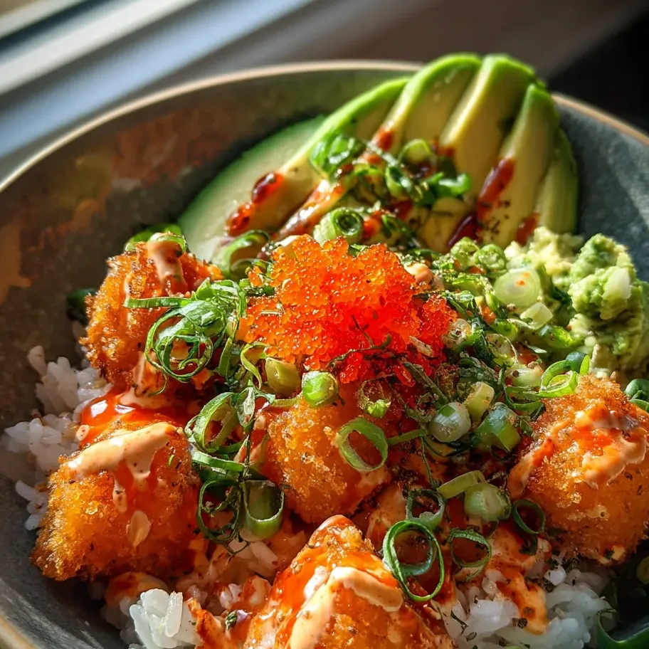 Sur la photo, t’as une assiette avec avocat, riz, tofu et des pâtes mélangés.