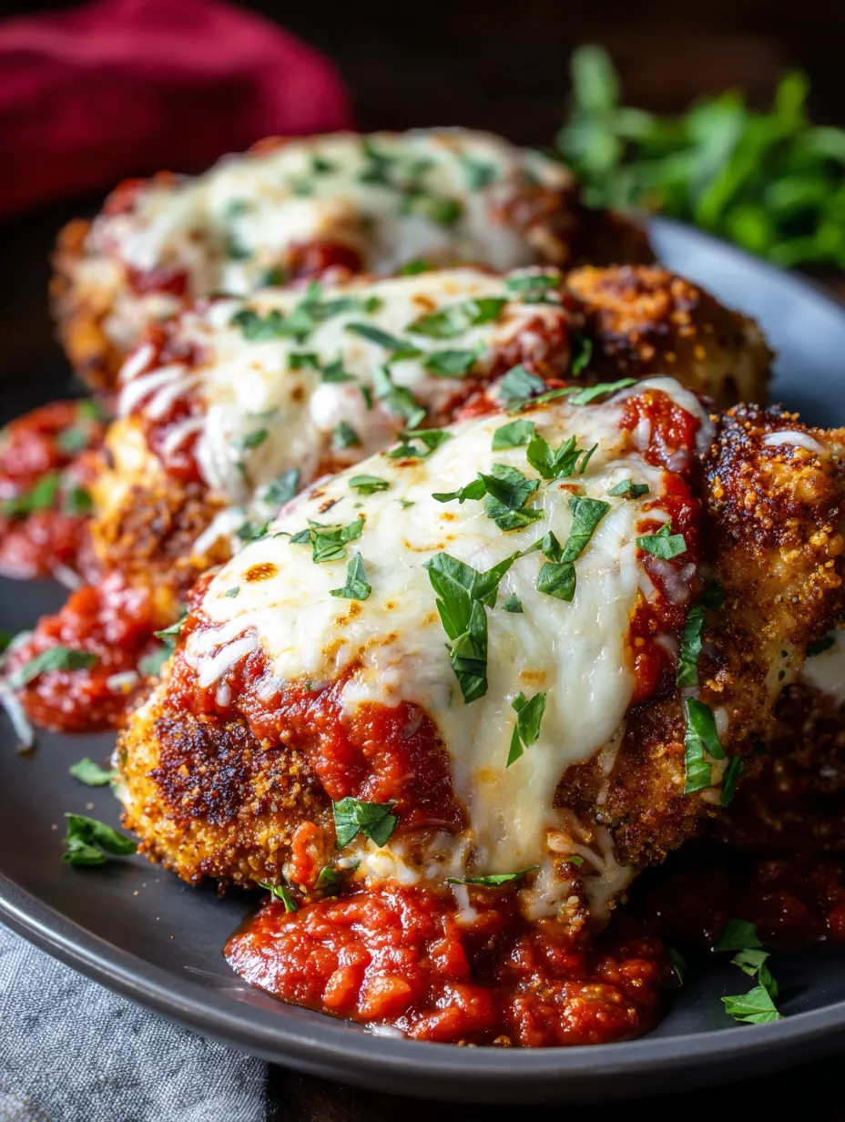 Assiette avec deux parts de poulet au parmesan, parsemé de fromage et de basilic.