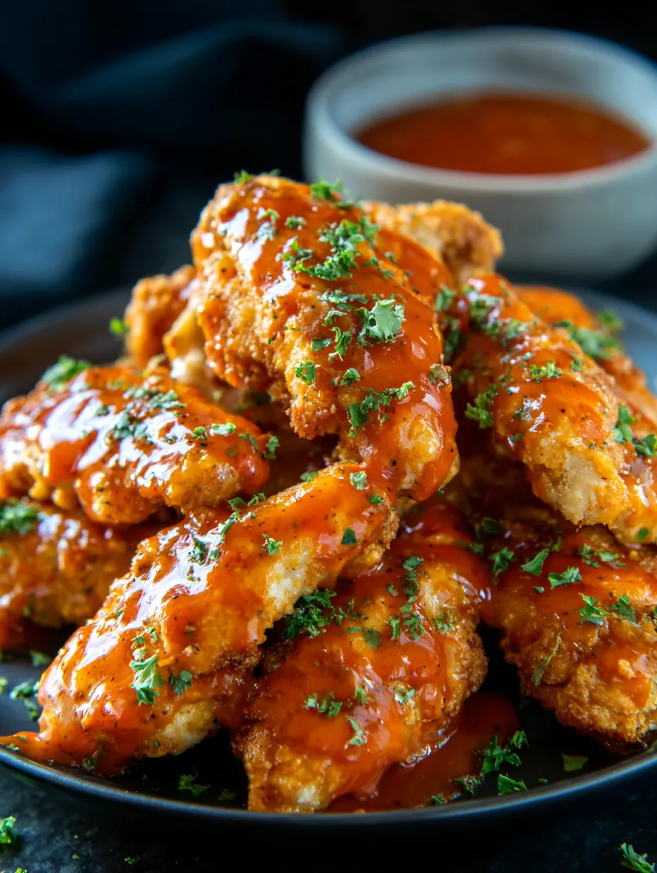 Une assiette de tenders nappés de sauce tout juste trempés.