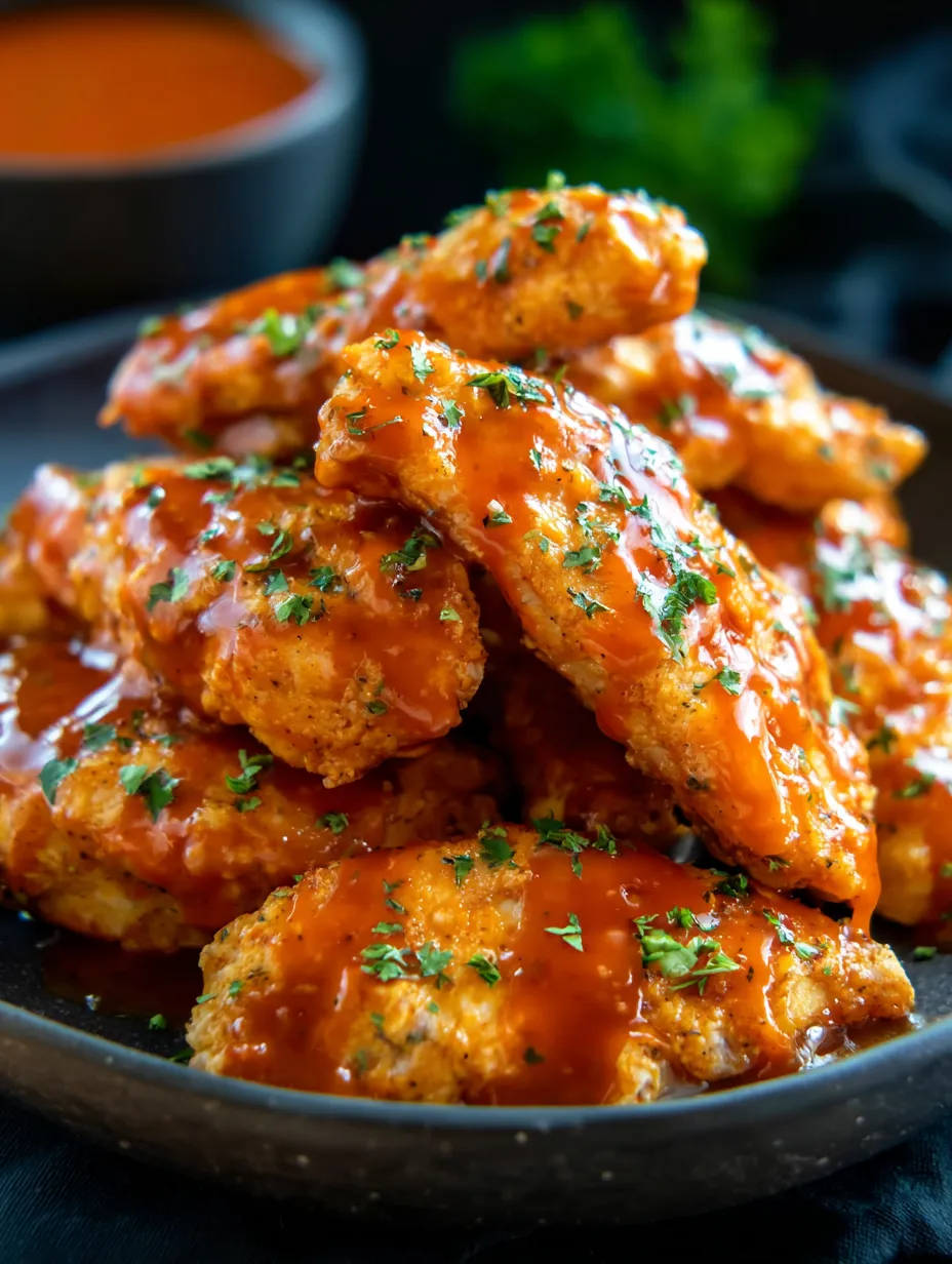 Une assiette garnie de tenders tout juste sortis de la poêle badigeonnés de sauce.