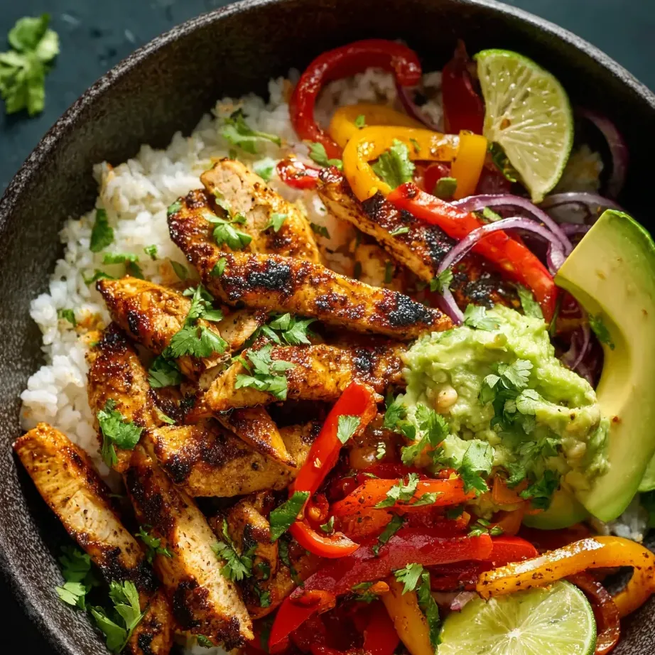 Un plat coloré avec riz, poulet, avocat, tomates, poivrons et citron vert.