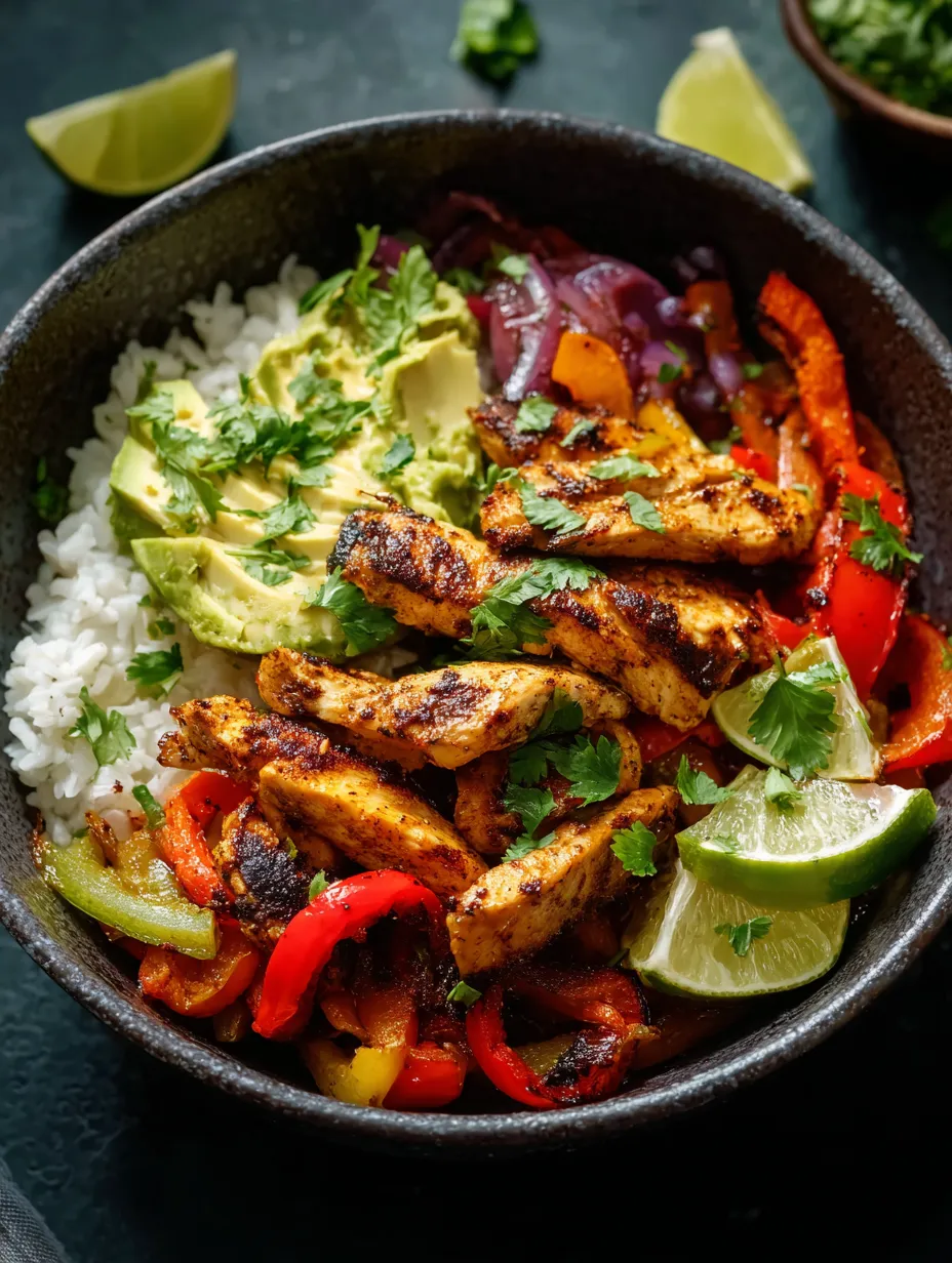 Un bol noir rempli de riz, avocat, citron vert, tomates, poivrons, oignons et poulet.