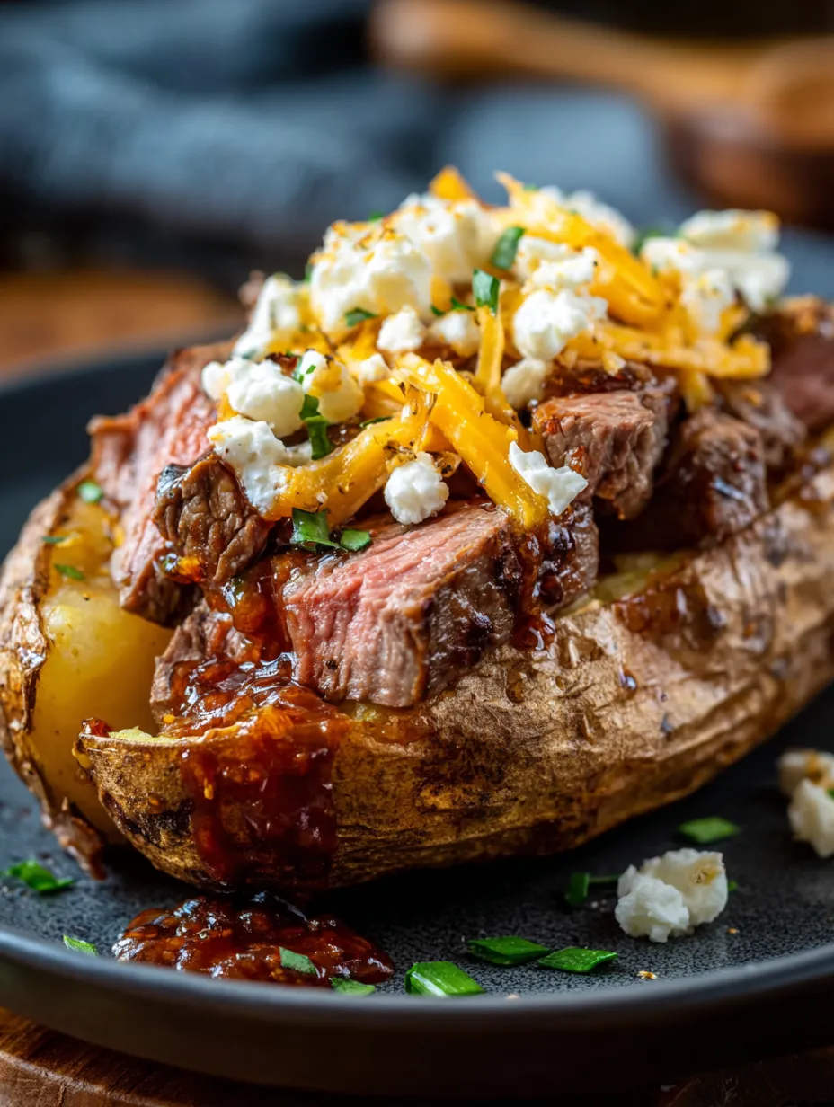 Un steak grillé avec fromage et oignons dans une assiette.