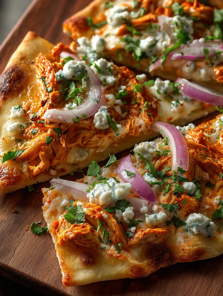 Une pizza au poulet, oignon, tomate, pesto et fromage bleu sur une planche en bois.
