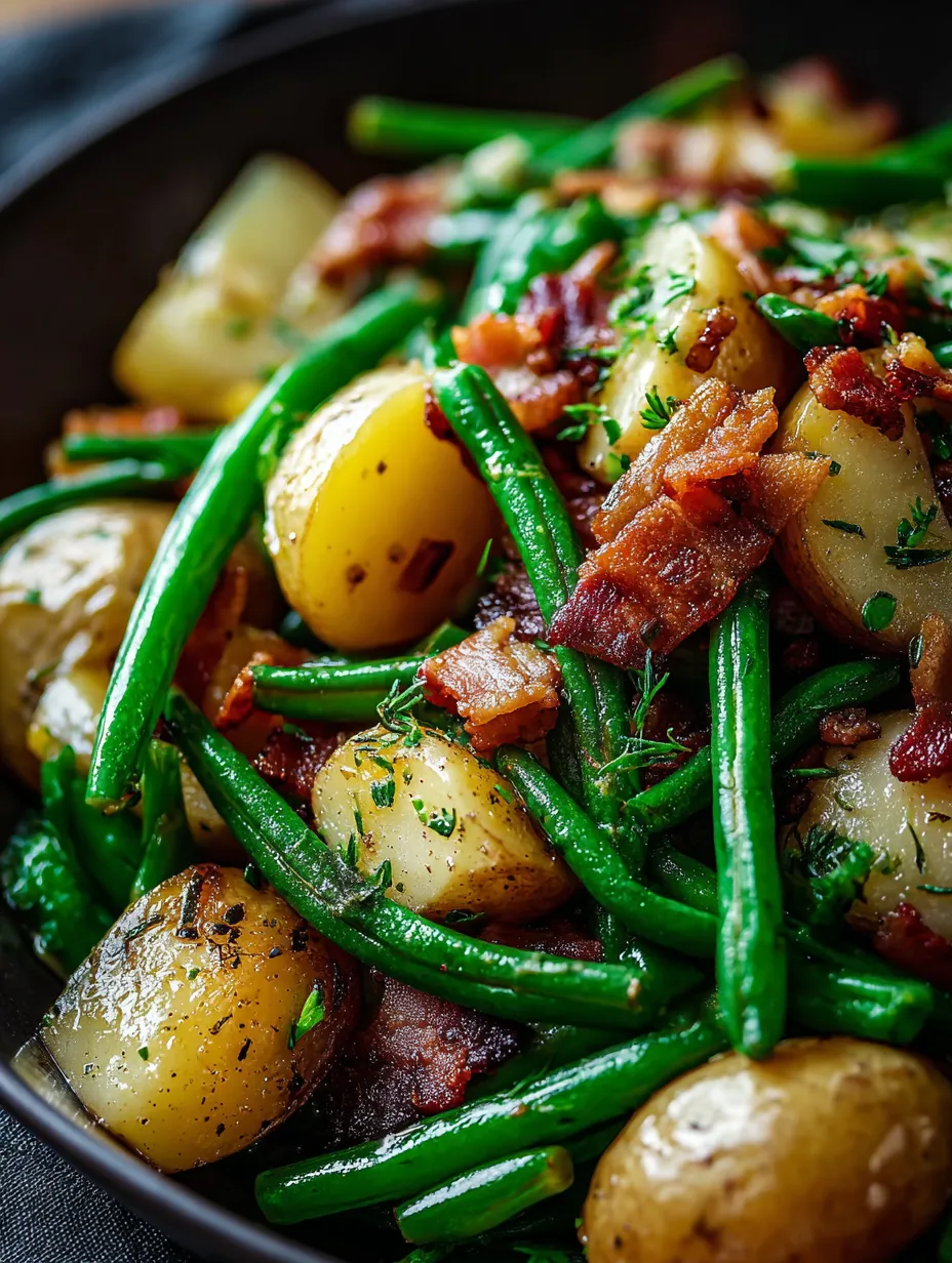 Photo d’un accompagnement avec lardons, morceaux de pomme de terre, oignon et cornichon.