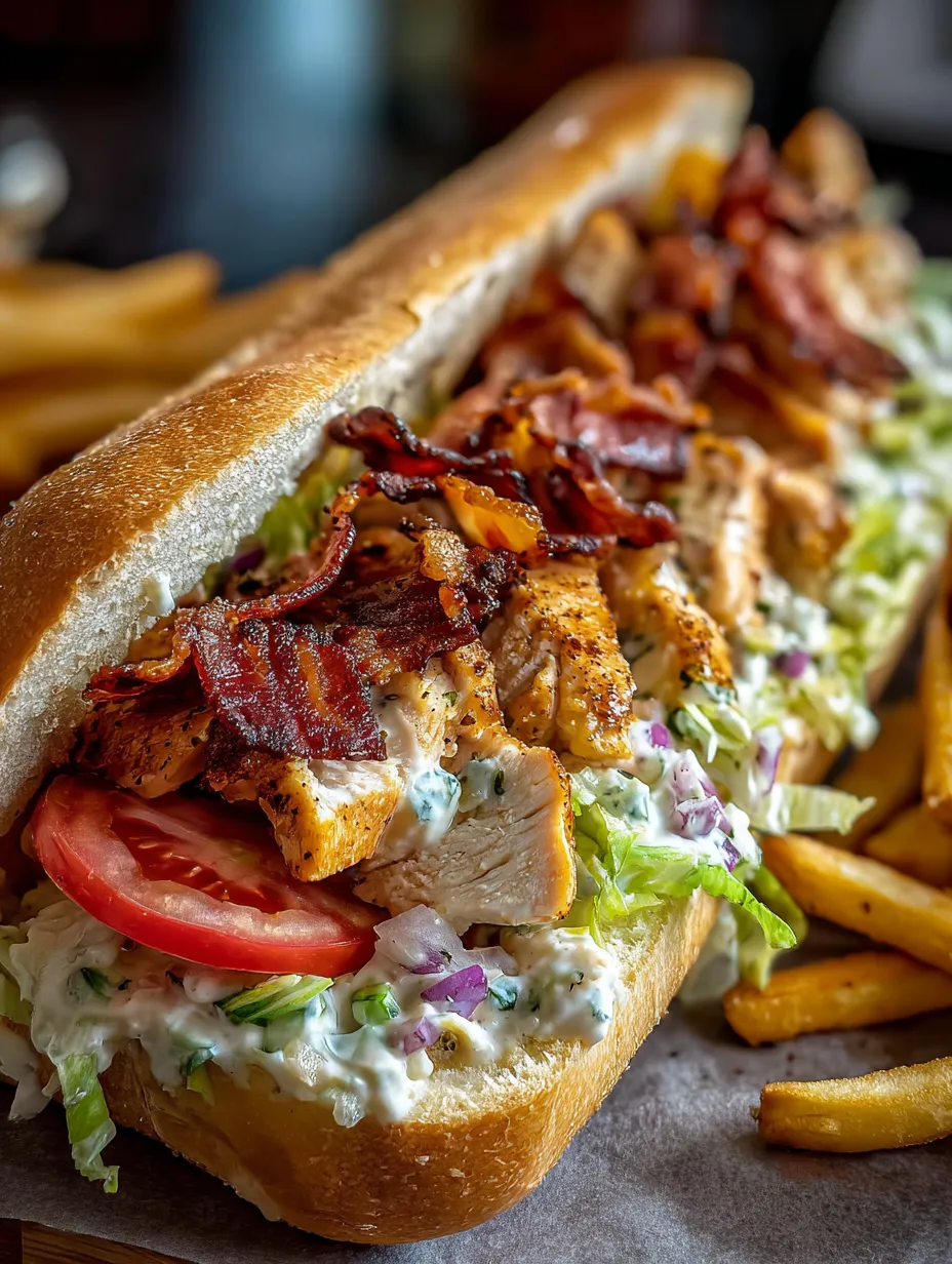 Un sandwich garni de bacon, tomates, salade et mayo dans une baguette.