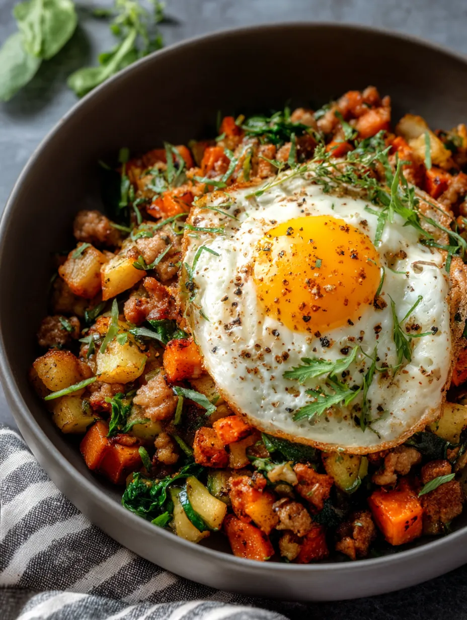 Un bol rempli d’un mélange de viande, de légumes et d’un œuf.