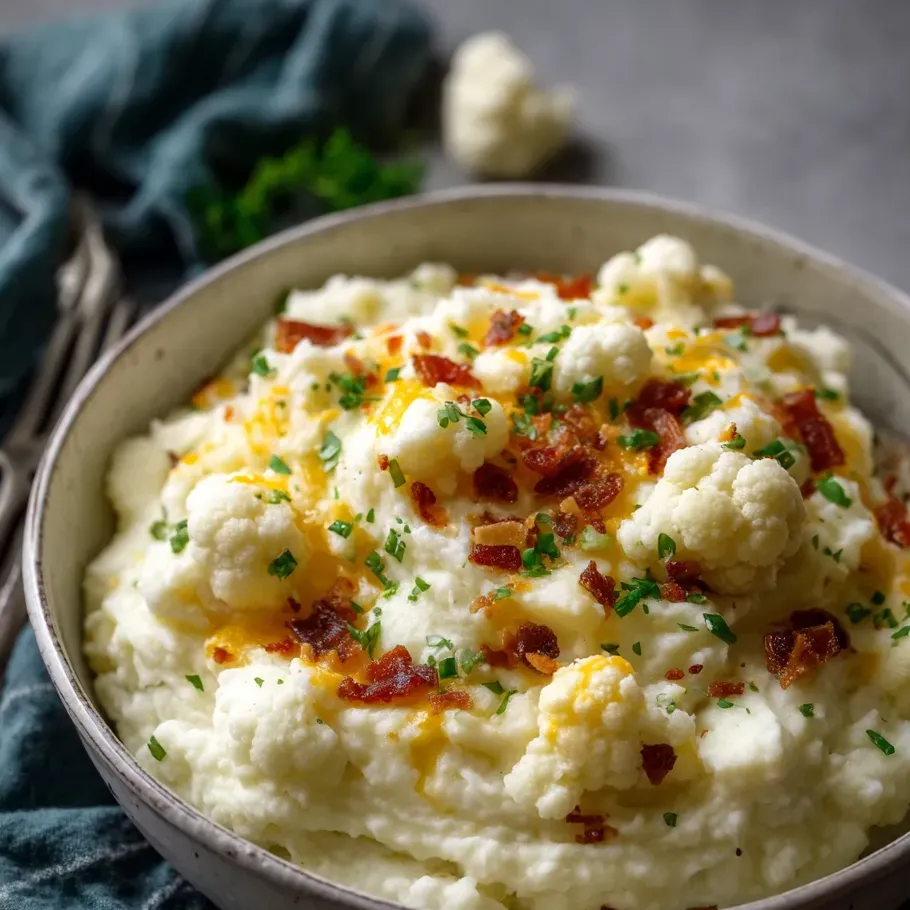 Un bol de purée chou-fleur bacon et oignons.