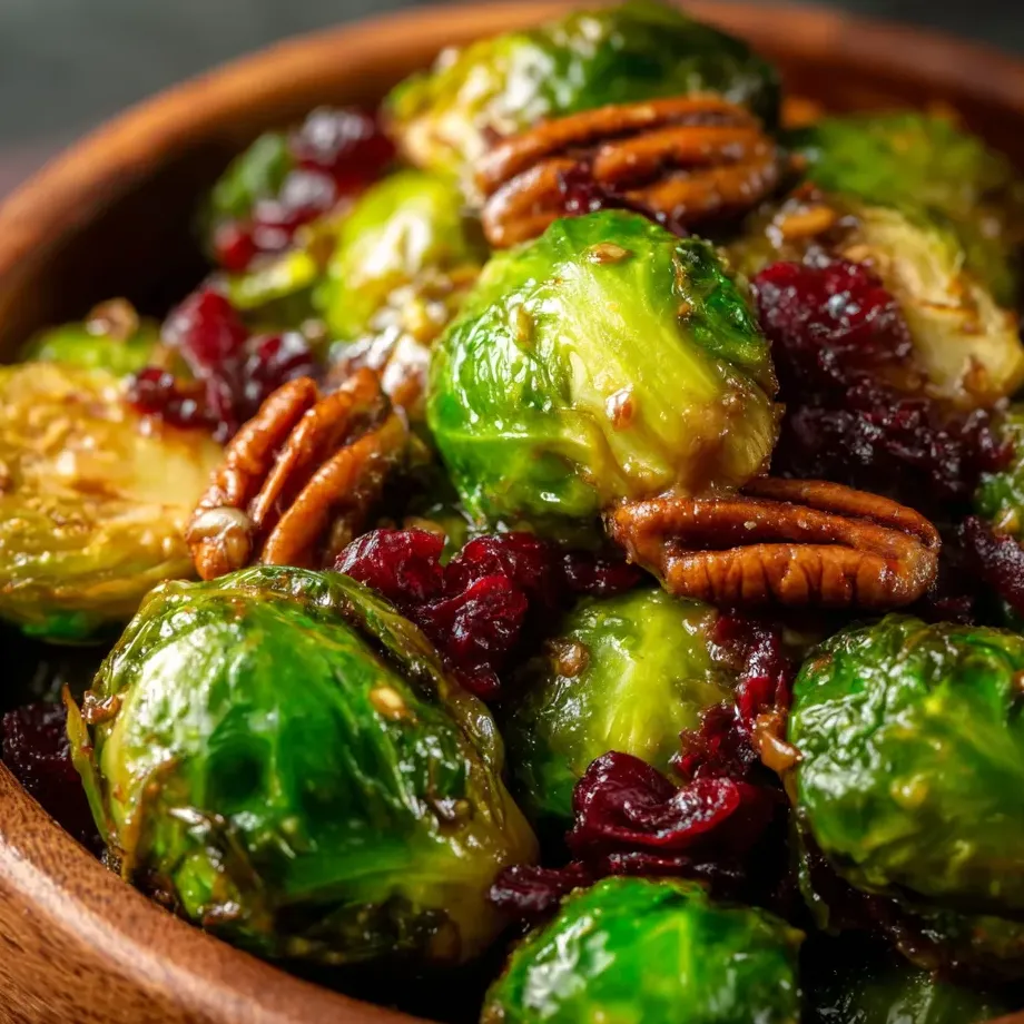 Un petit bol en bois rempli de choux de Bruxelles rôtis, de noix et de fruits rouges.