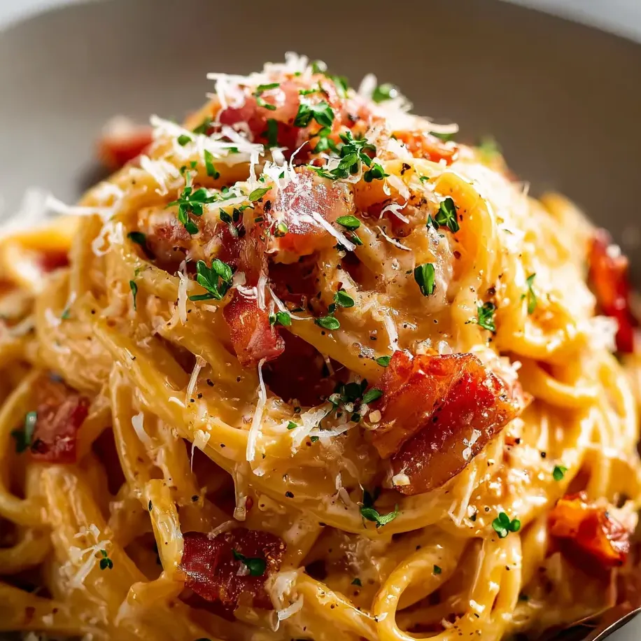 Une assiette de pâtes au bacon, parmesan et oignon.