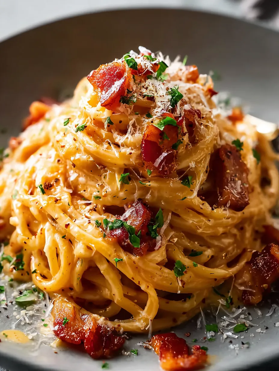 Un plat de pâtes au bacon croustillant et au parmesan fraîchement râpé.