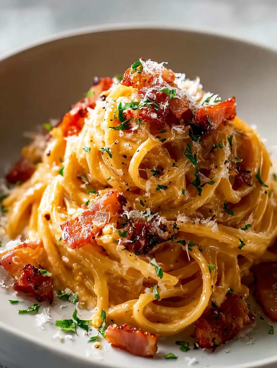 Une belle assiette de pâtes au bacon croustillant.