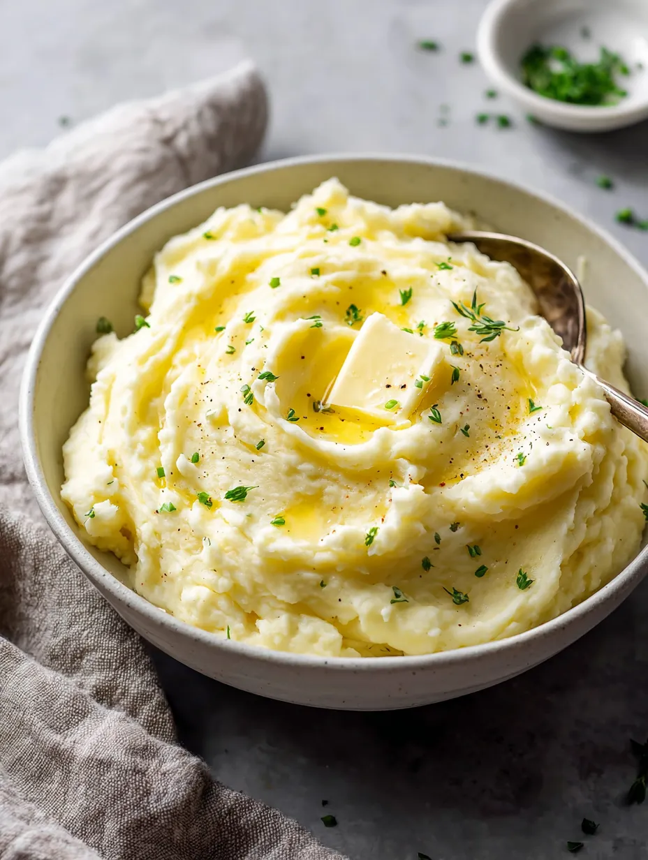 Gros morceau de purée de pomme de terre avec beurre fondu et oignons sur une assiette blanche.