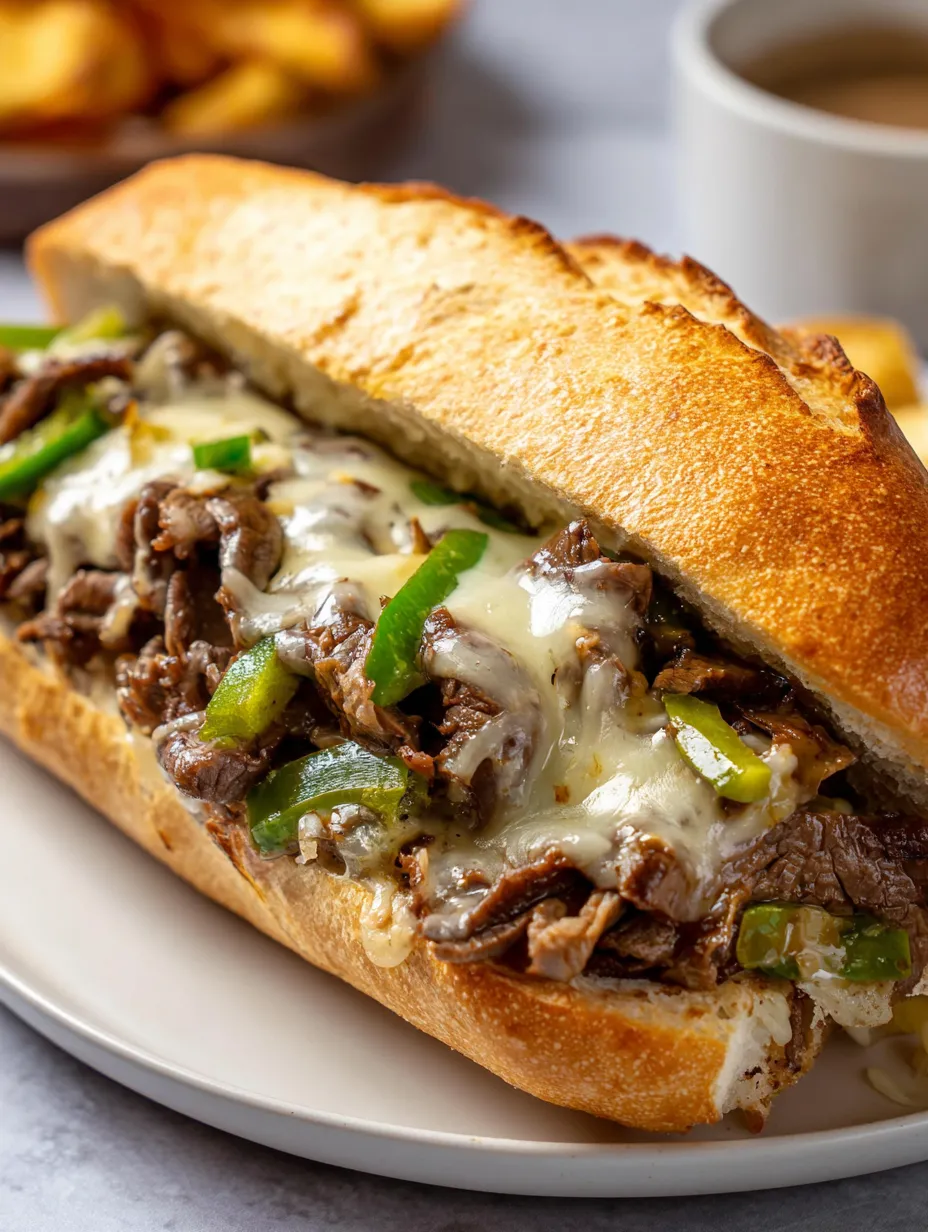 Un sandwich au steak et poivrons présenté sur une assiette blanche.
