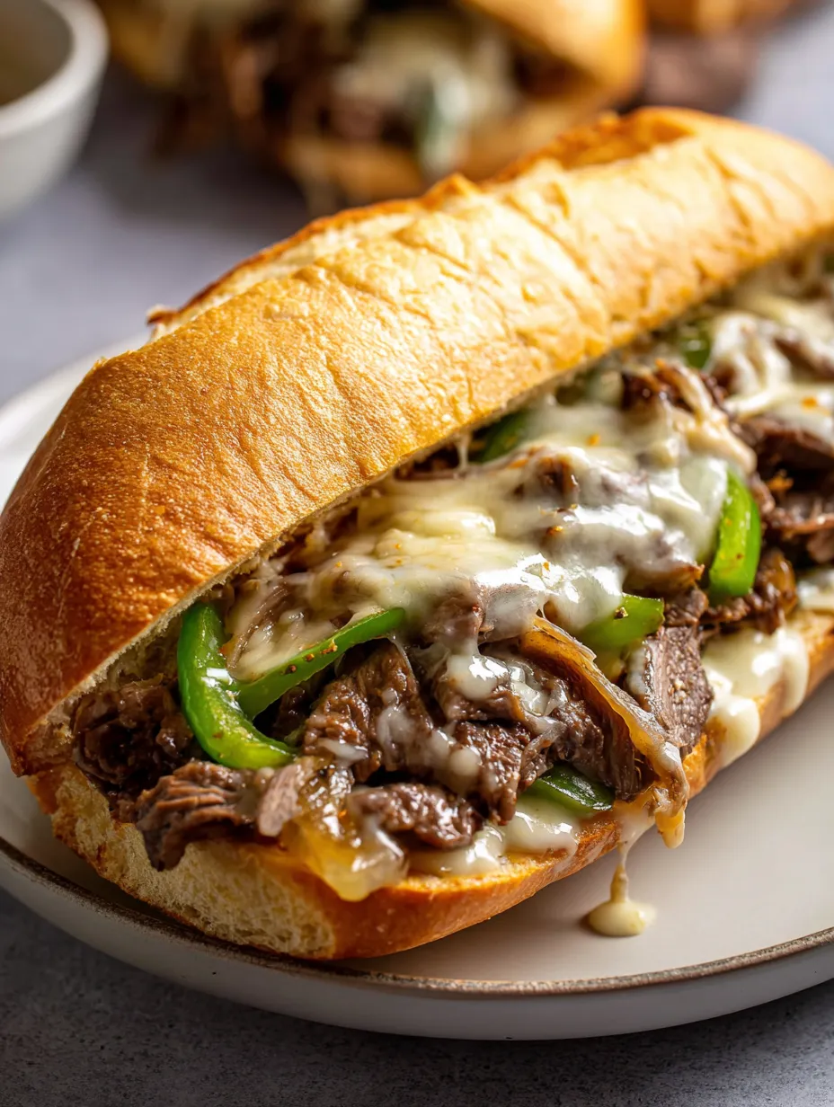 Un sandwich bien garni avec steak, poivrons et sauce sur une assiette.