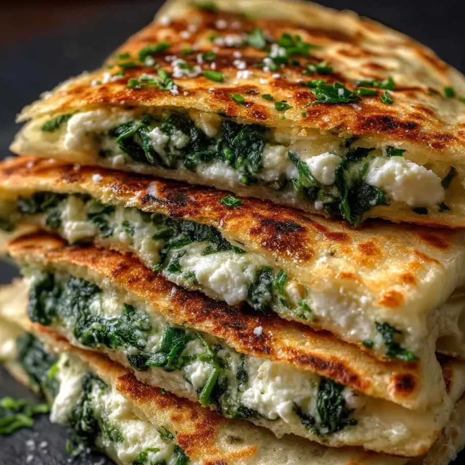 Belles couches d'épinards et fromages sur du pain.