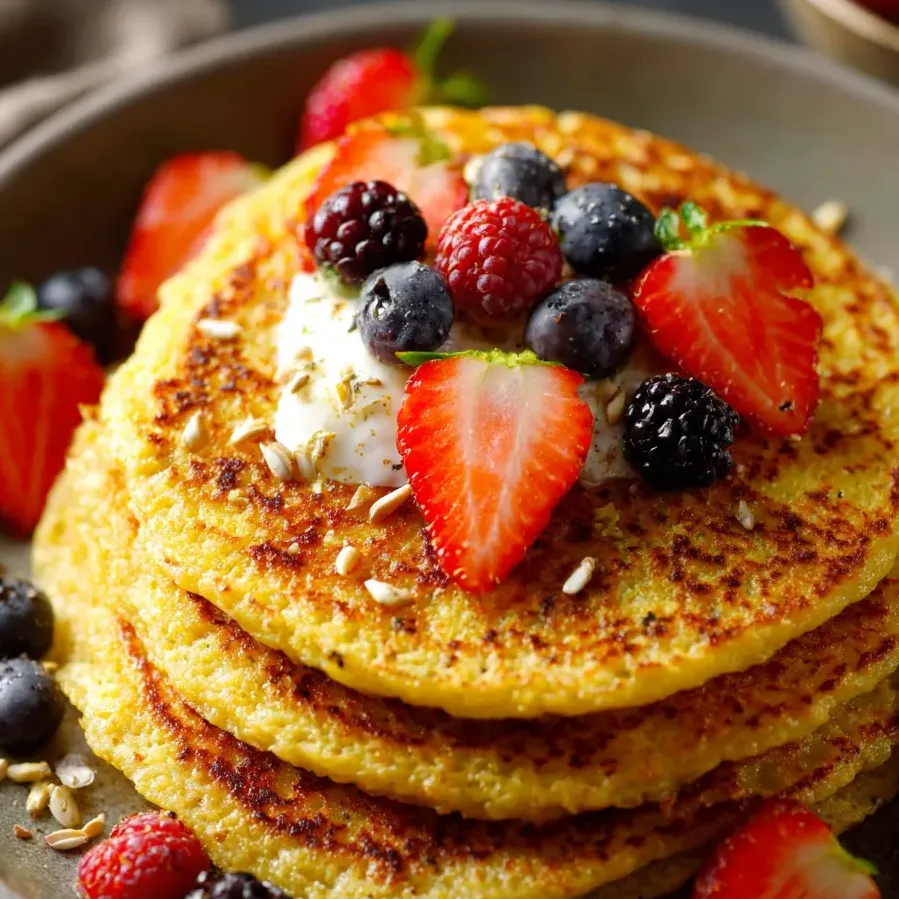Une assiette remplie de pancakes garnis de fraises, myrtilles et noix.