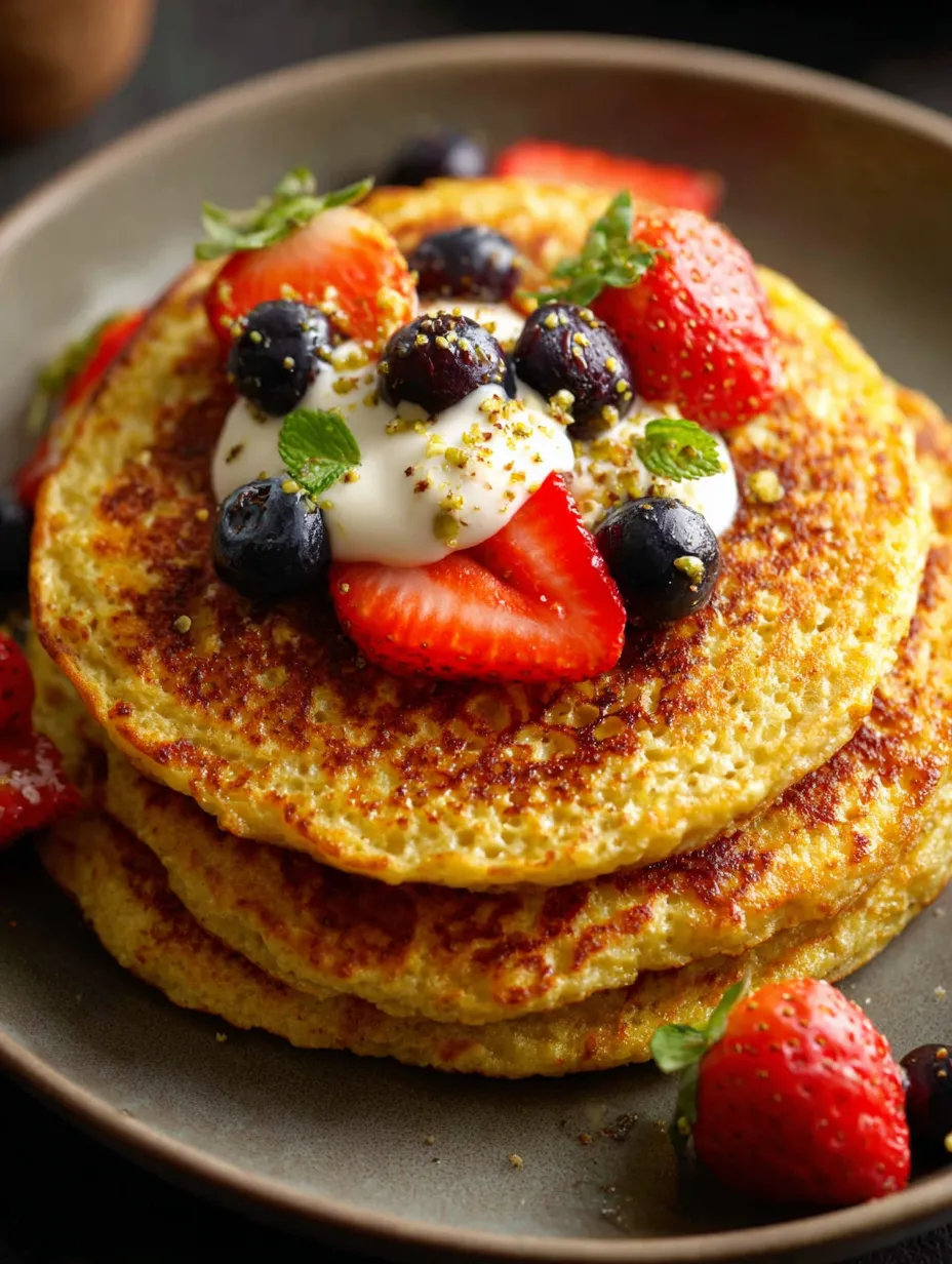 Une assiette de pancakes garnis de fraises et de myrtilles.
