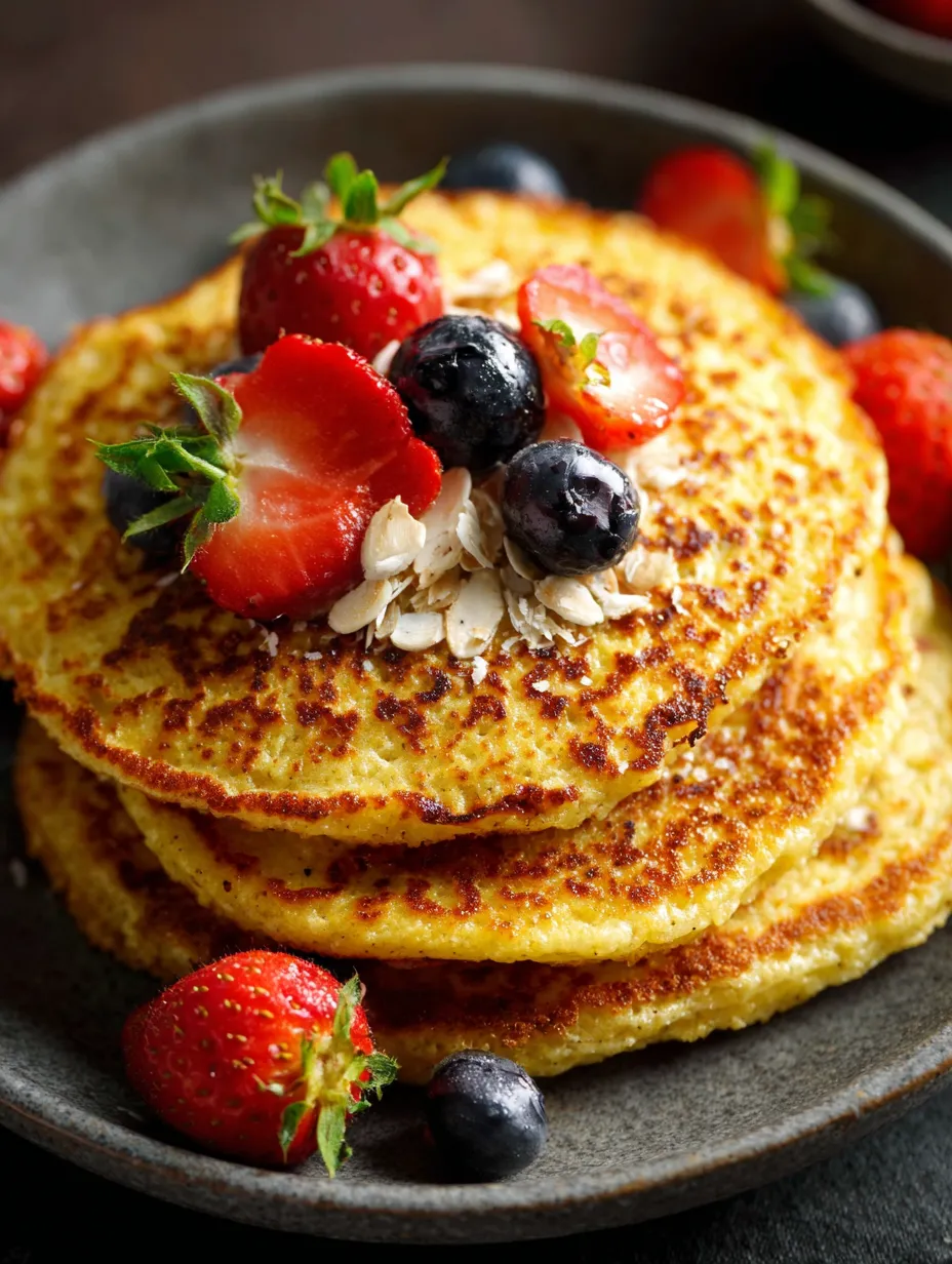 Une assiette de pancakes garnis de fraises et de myrtilles.