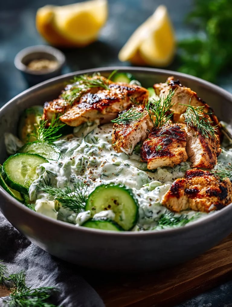 Un bol au poulet et tzatziki avec légumes.