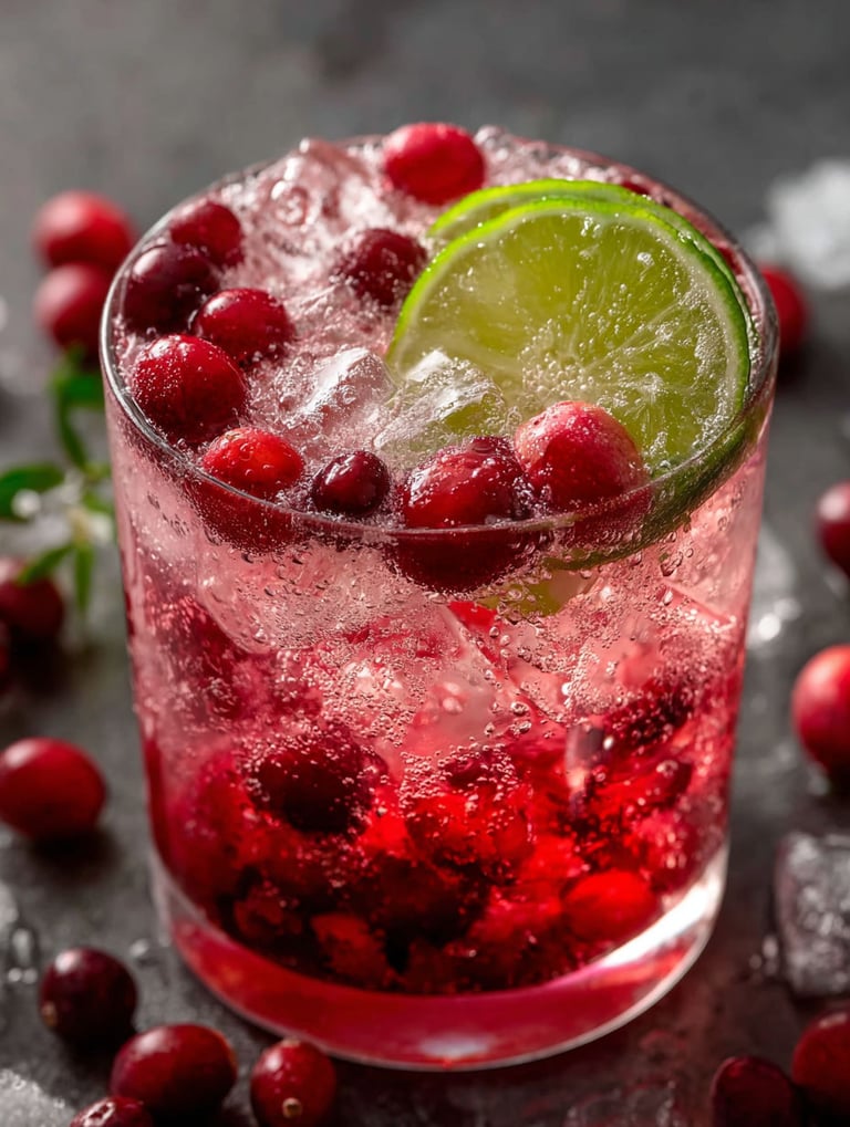 Un verre de boisson cranberry pétillante.