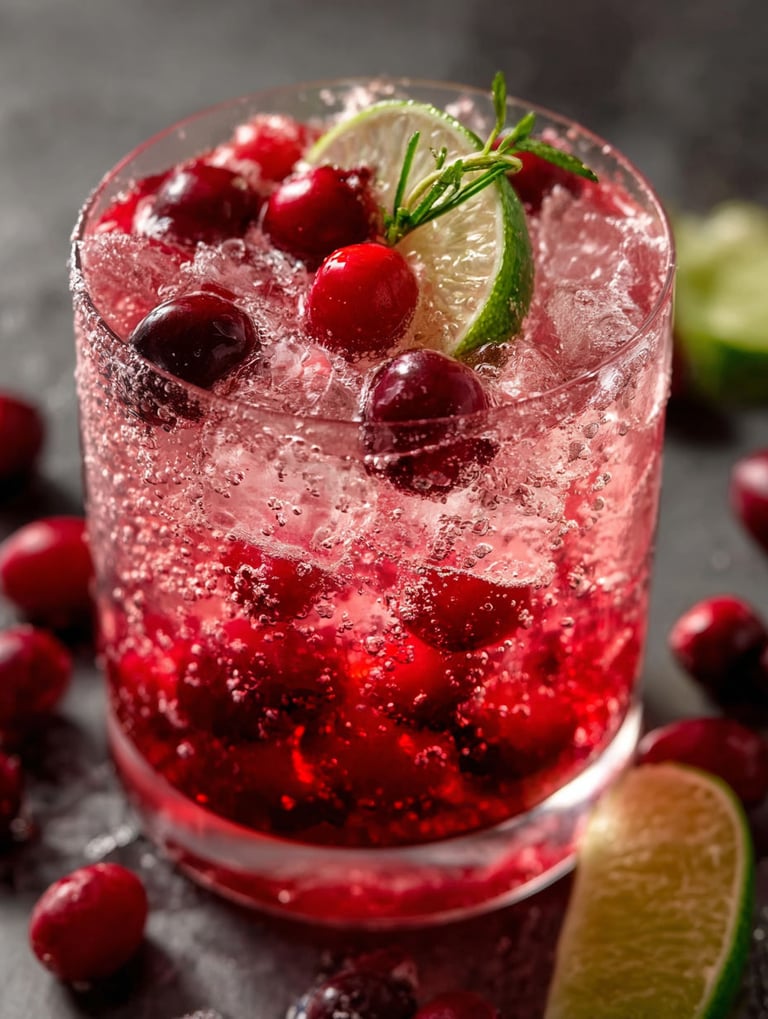 Un verre de mocktail pétillant aux canneberges.