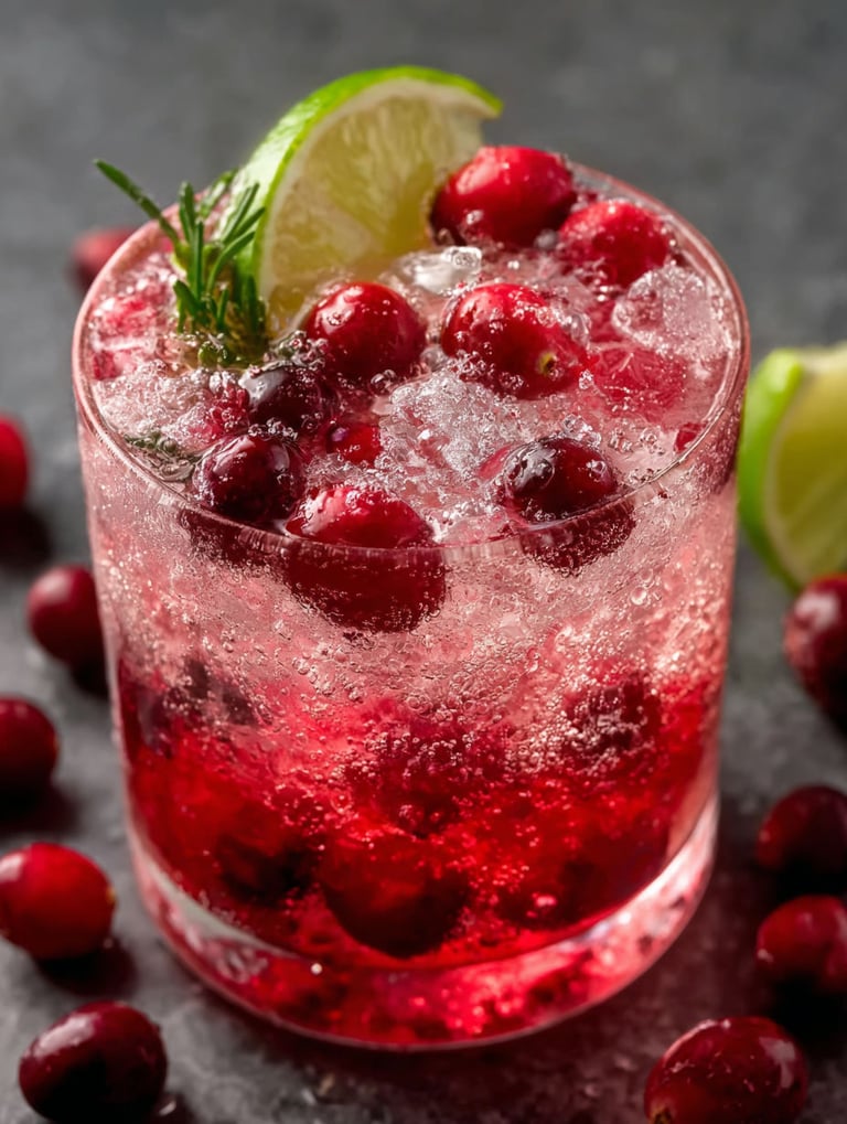 Un verre de boisson rouge avec des canneberges dedans.