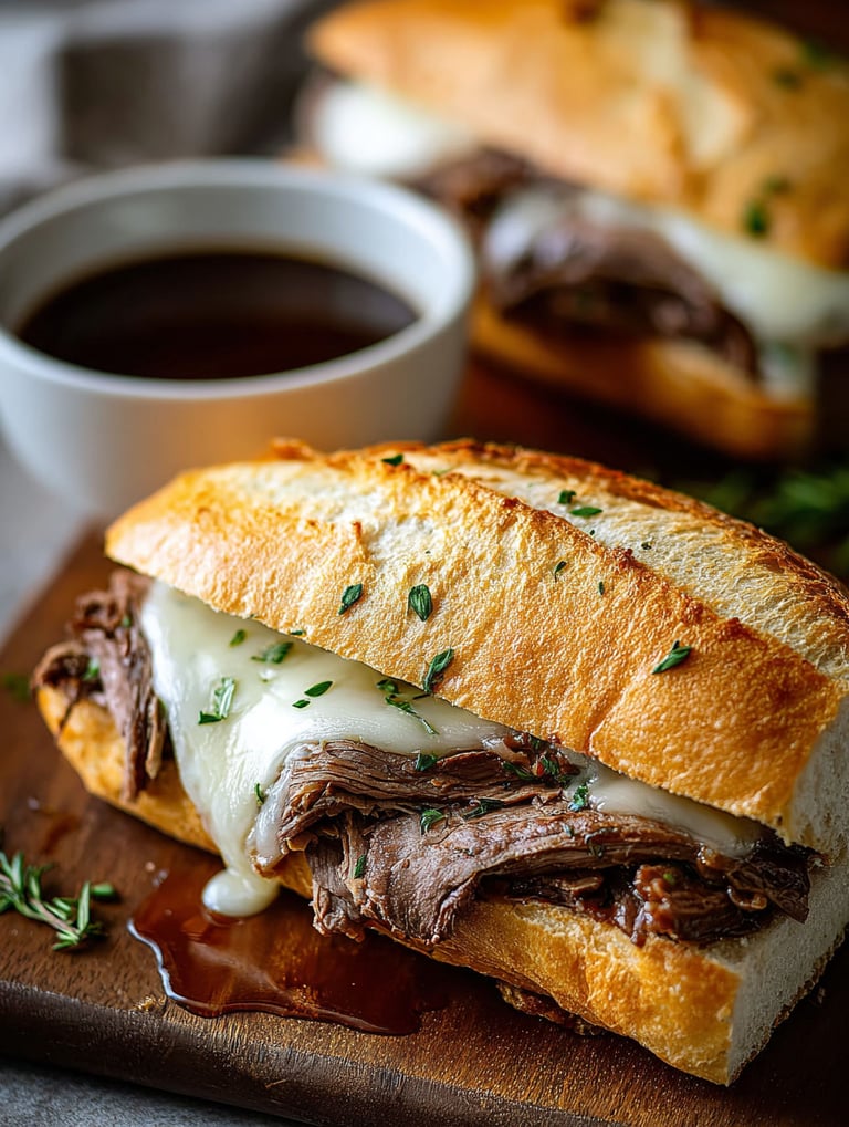 Sandwichs French Dip au bœuf avec fromage et sauce gravy.