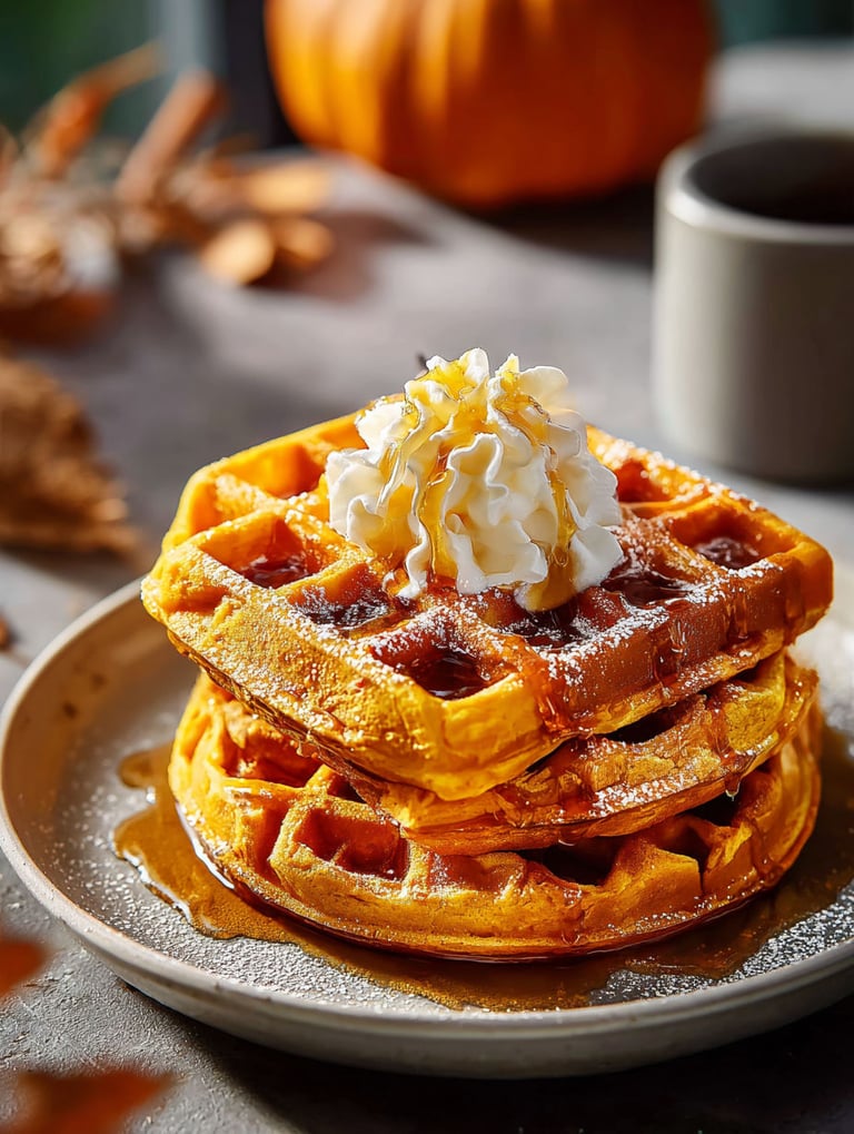 Une pile de gaufres avec de la crème fouettée et du sirop de citrouille.