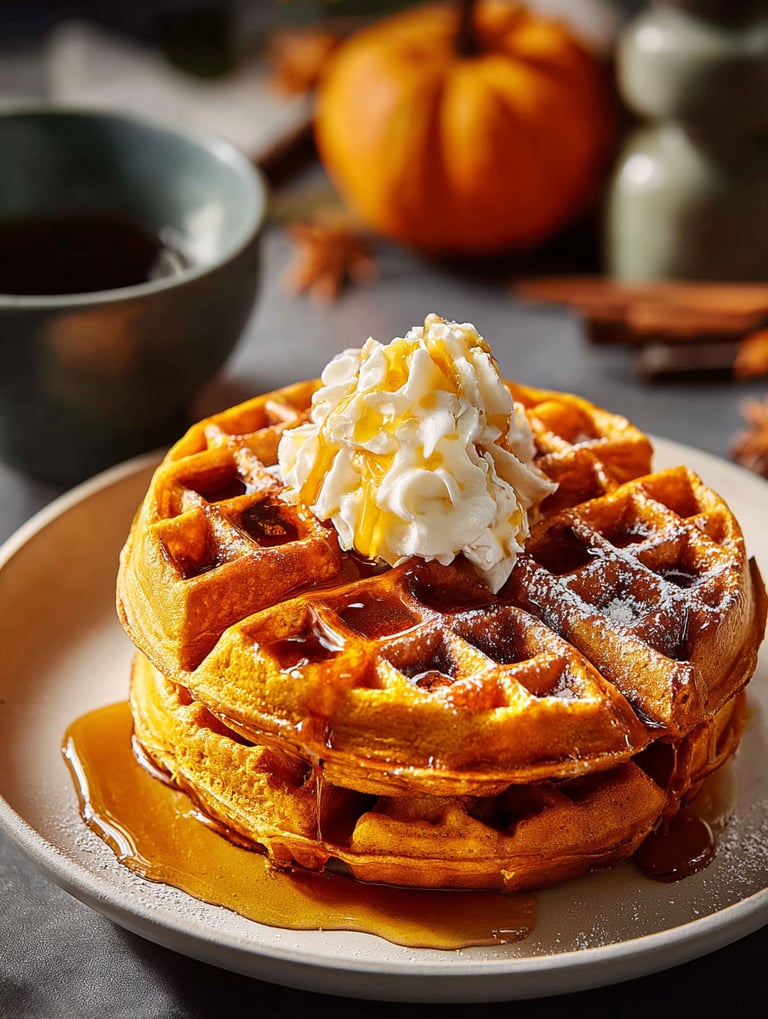 Une pile de gaufres avec de la crème fouettée et une citrouille dessus.