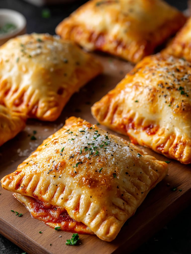 Petites poches pizza sur planche en bois.