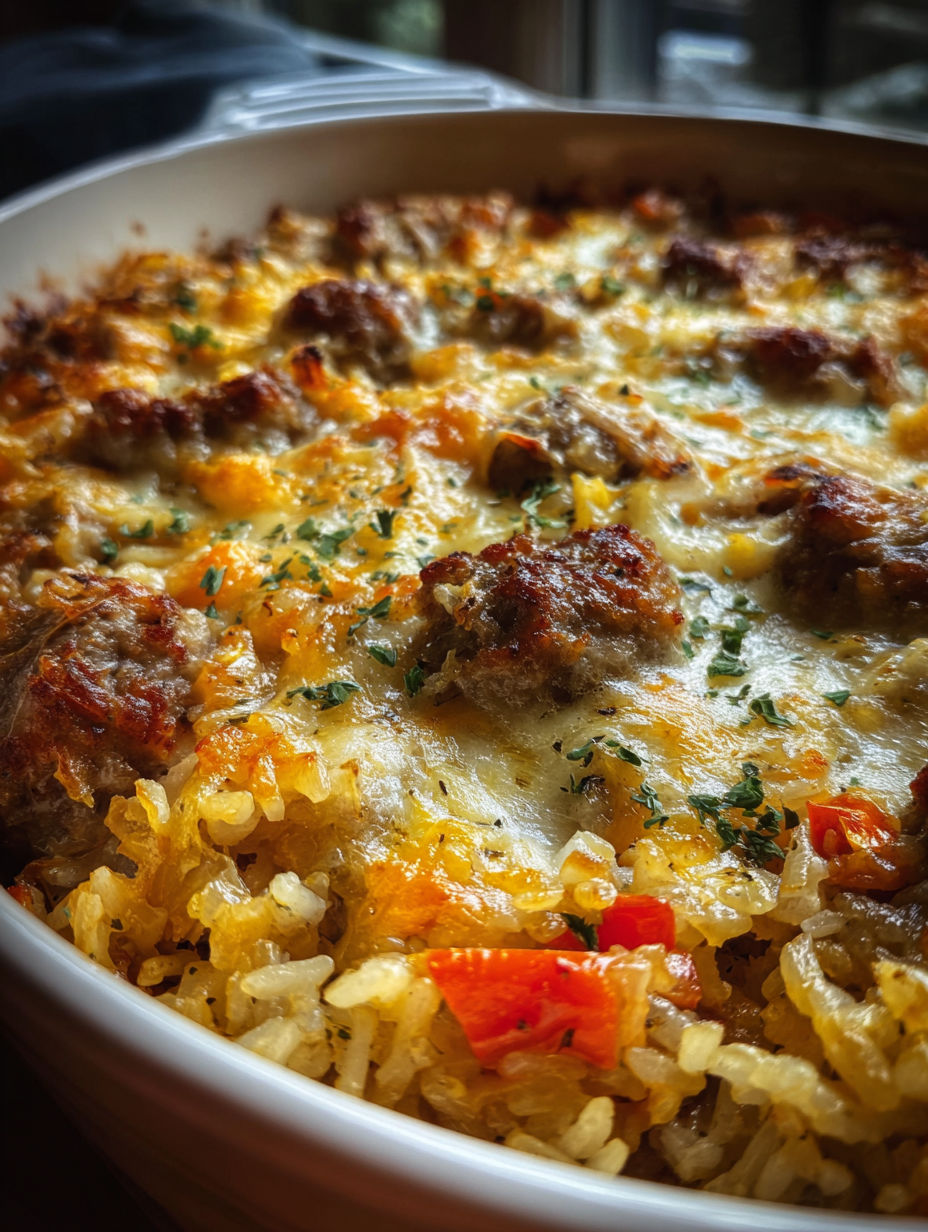 Gros plan d’un plat de saucisse au riz.