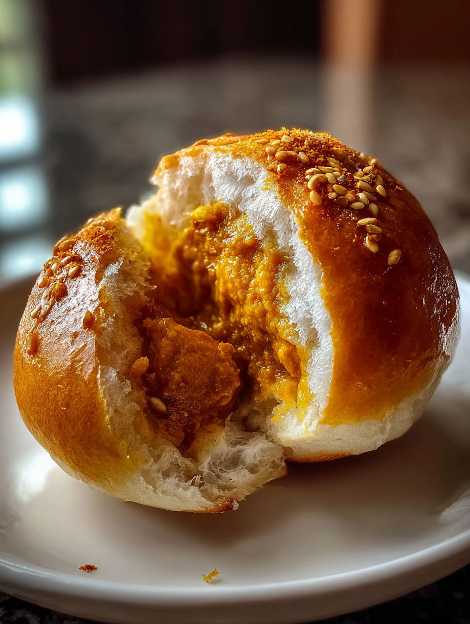 Un petit pain au curry japonais avec une bouchée enlevée.